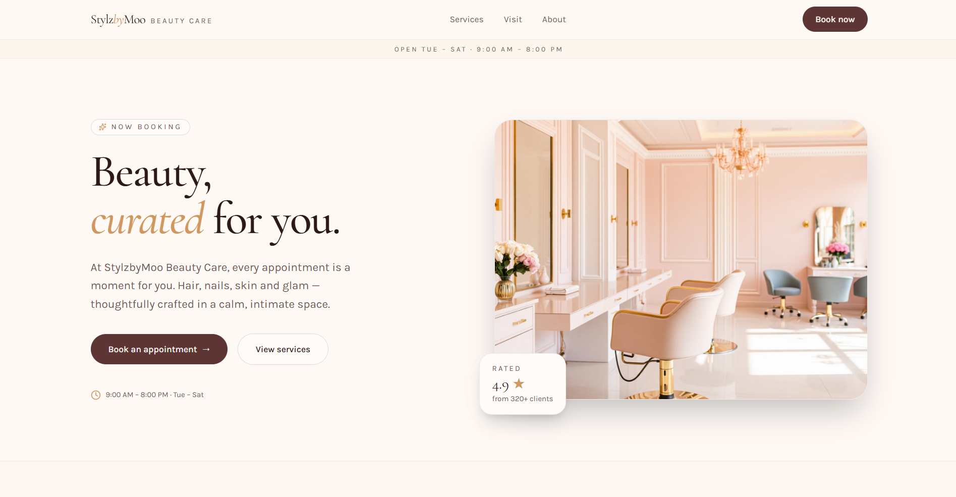 StylzbyMoo homepage hero showing the salon interior