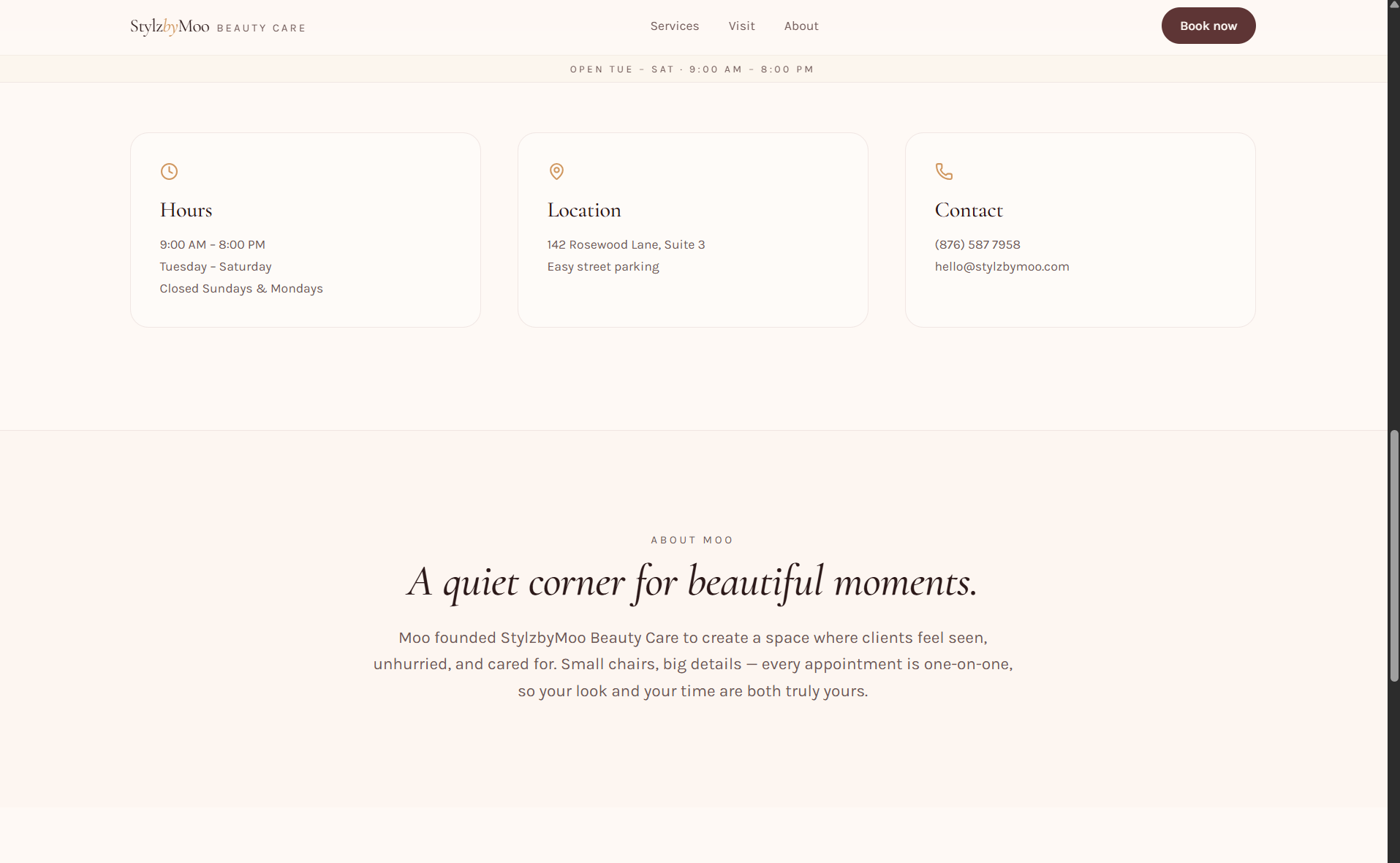 StylzbyMoo visit and about section with hours, location and contact